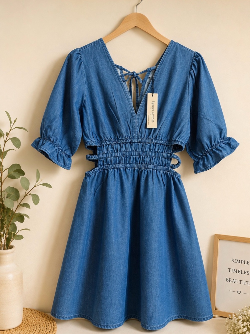 Smocked Waist Blue Denim Mini Dress with V-Neck